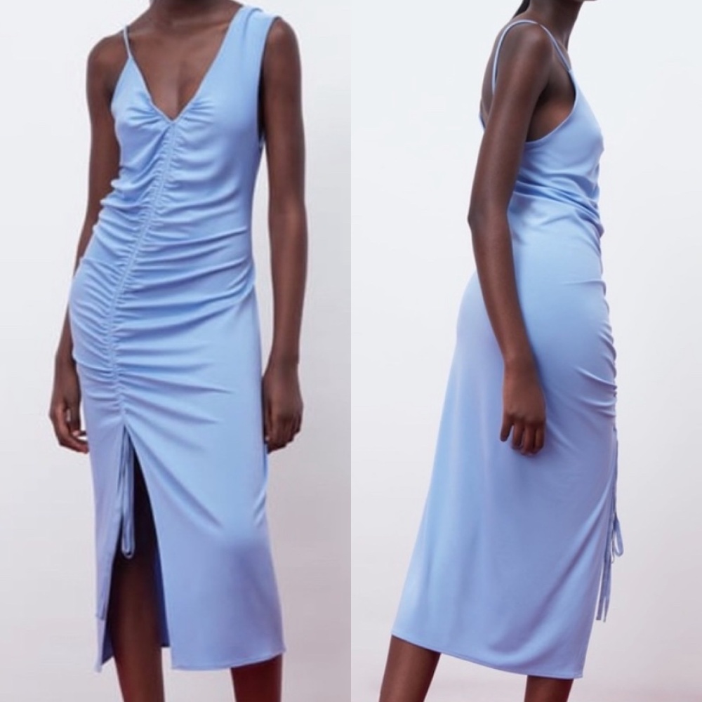 Zara Ruched Asymmetrical Midi Dress in Blue